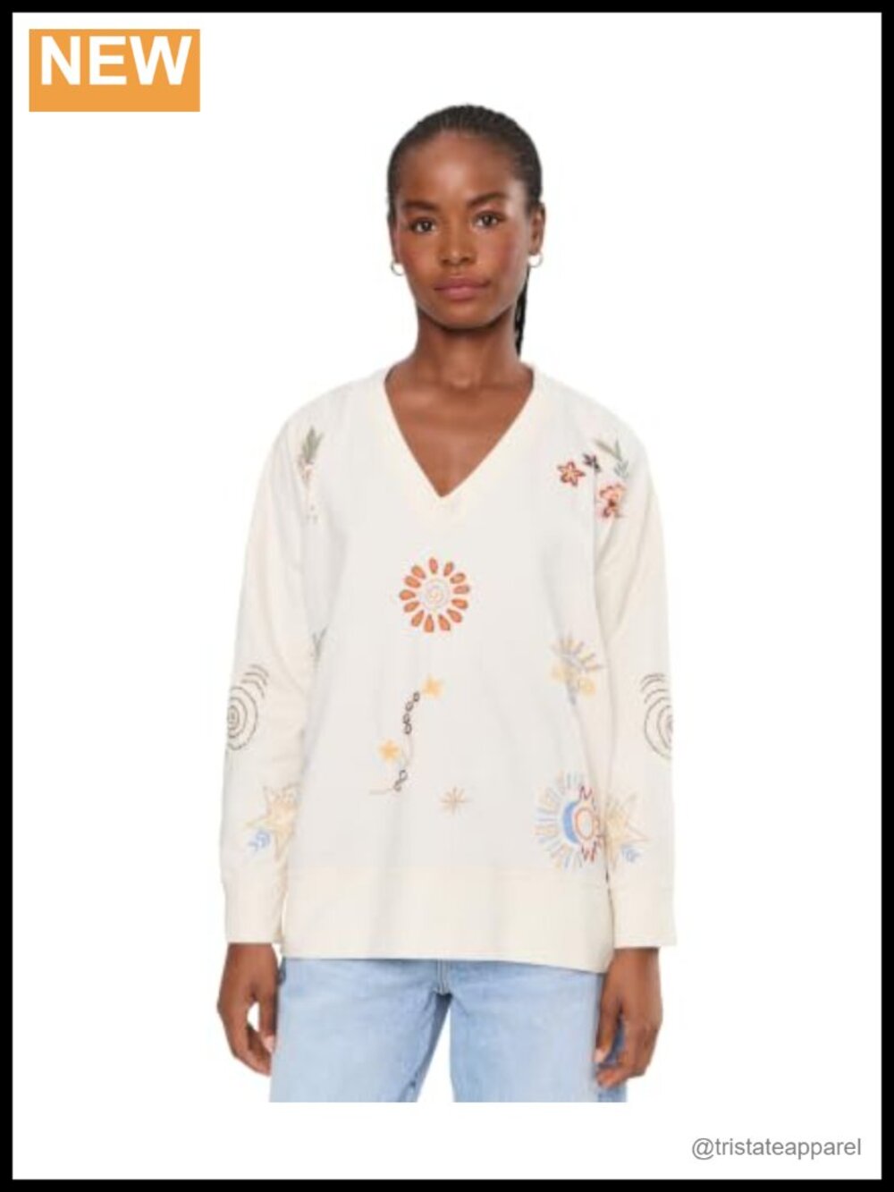 100% Cotton Terry Fleece V-Neck Long Sleeve Blouse Relaxed Fit Fall Top